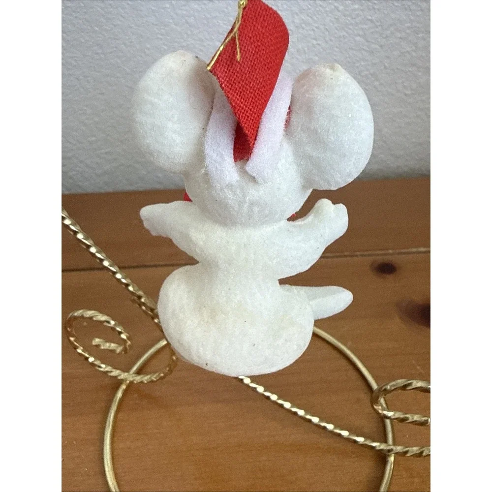 Pair Vintage Flocked White Christmas Mouse Ornaments Kitsch MCM